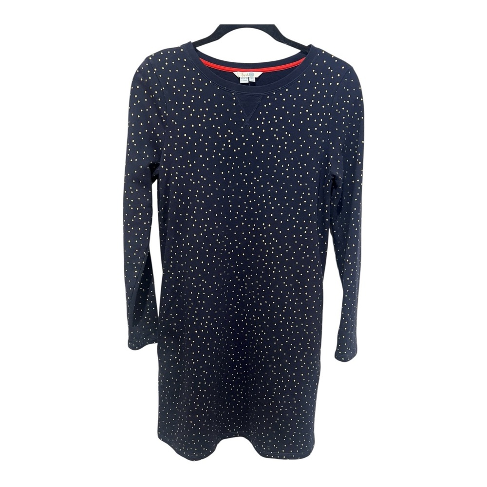 Boden Off Duty Long Sleeve Navy Blue Shift Dress w/ Gold Polka Dots US Size 2